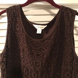 Soft cotton tank top with crocheted overlay.